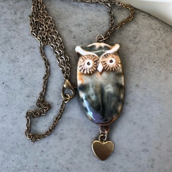 Ceramic Owl Pendant Necklace with Heart Charm Owl necklace. Ceramic owl pendant - Picture 16 of 16